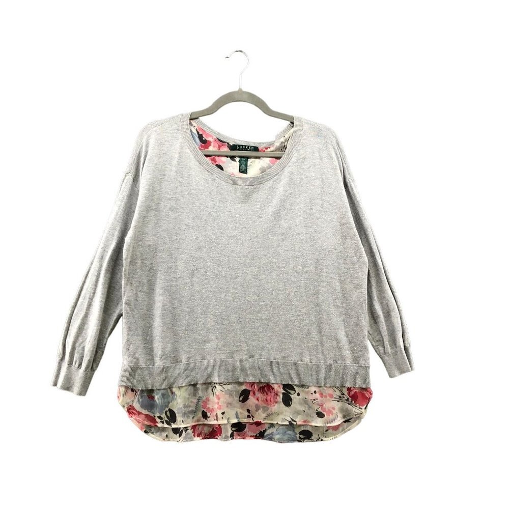 Lauren Ralph Lauren Mixed Media Sweater Womens L Gray Lightweight Floral Crew
